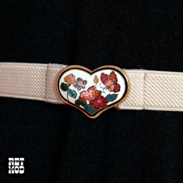 Beautiful Vintage 80s Butterfly & Flowers Cloisonné Heart Stretch Belt 