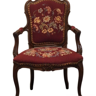 VINTAGE ANTIQUE Louis XV French Provincial Needlepoint Accent Arm Chair w. Nailhead Trim 