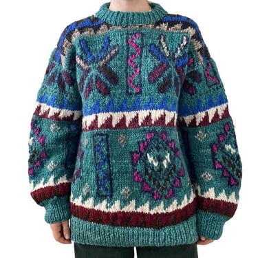Vintage Hand Knit Indian Weavings Ecuador Geometric Teal Chunky Wool Sweater XL 