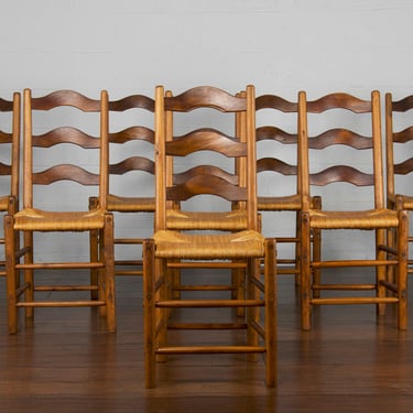 Antique Country French Farmhouse Ladder Back Oak Rush Dining Chairs - Set of 8 