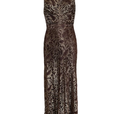 1930s Brown Lace & Gold Lame Belted Gown