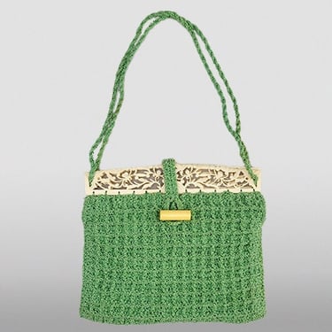 1930s Purse /Green Purse / Carved Chinese Top on Green Crocheted Bag / Vintage Top Handle Bag 