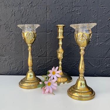 Brass & Flower Pattern Glass Candlestick