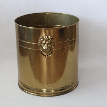 Vintage English Mid Century Hollywood Regency Extra Large Drum Style Brass Planter with Lion Head Hoop Handles 