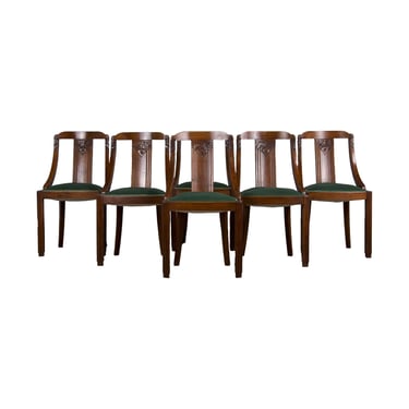 1930s French Art Deco Gondola Walnut Dining Chairs W/ Dark Green Velvet - Set of 6 