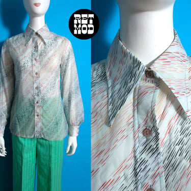 Unique Vintage 60s 70s Gray Red Abstract Geometric Lines Button Down Collared Shirt 