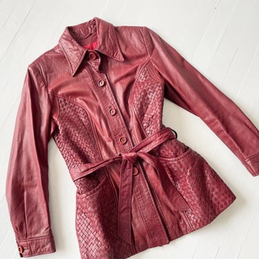 1970s Oxblood Red Leather Woven Belted Jacket 