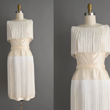 vintage 1950s Dress | Designer Edward Abbott Ivory Silk Fringe Cocktail Party Wedding Dress | Small 