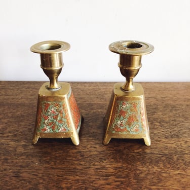 Vintage Indian Brass Candlestick Holders, Set of 2 