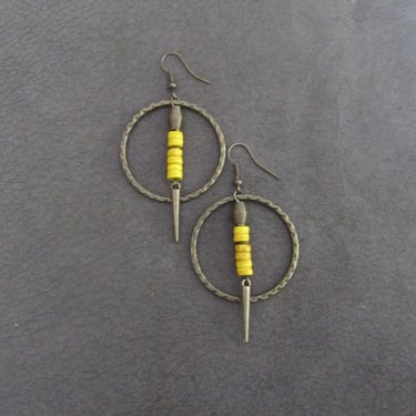 Hammered bronze hoop and yellow stone earrings, Bohemian boho earrings 