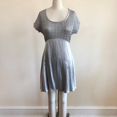 Short-Sleeved Silver Babydoll Dress with Textured Bodice - 1990s 