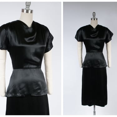 1940s Dress - Sultry Black Silk Satin Vintage 40s Cocktail Dress with Pointed Peplum 