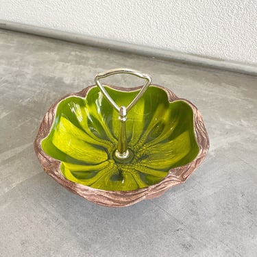 Sequoia Ware Green Drip Glaze Flower Serving Bowl with Handle | 712 USA | Kitschy Kitchen | Vintage Serving | Mid Century 