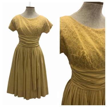 Vintage VTG 1950s 50s Yellow Lace Fit and Flare Occasion Dress 