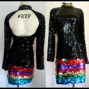 Vintage Mardi Gras sequin dress rainbow party dress bead Rainbow party Prom Dress embellished pailette sequin bodycon dress keyhole back 