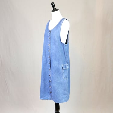 90s Light Blue Denim Jean Dress - Button Front Sleeveless Cotton Summer Dress - Hip Pockets - Beth & Me - Vintage 1990s - M 