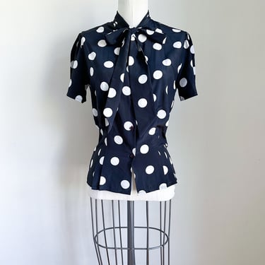 Vintage 1990s Hana Sung Black & White Polkadot Blouse / S 