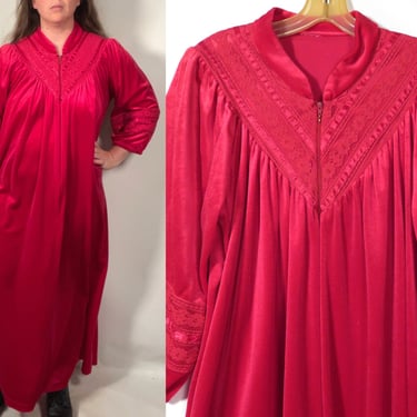 Vintage 80s Plus Size Raspberry Zip Up Velour Robe Size XL 