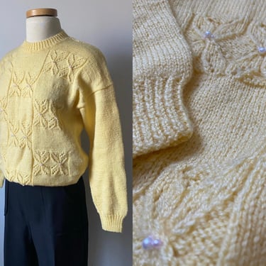 Vintage Yellow Knit Sweater with Pearl Details 