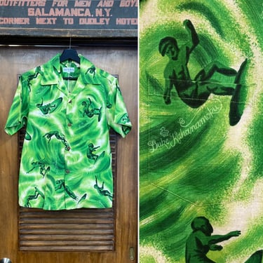 Vintage 1960’s “Duke Kahanamoku” Surfer Mod Cotton Pop Art Hawaiian Shirt, Matching Pocket, 60’s Loop Collar, Vintage Clothing 