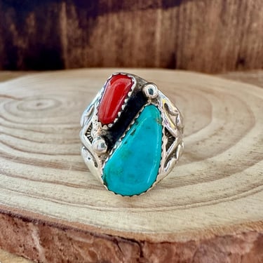 A STONES THROW Turquoise & Coral Silver Ring | ML Hallmark | Navajo Native American Southwestern Jewelry | Size 9 1/4, 9 1/2, 10 1/4 