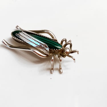 Sterling Silver + Malachite Grasshopper Pin | Vintage Art Deco 1940s 1950s Brooch | Art Deco / Nouveau | Rockabilly | Excellent Condition 
