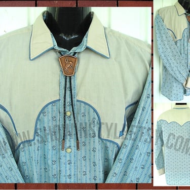 Panhandle Slim Vintage Western Retro Men's Cowboy & Rodeo Shirt, Pale Blue Print, Traditional Yokes, Tag Size XLarge (see meas. photo) 