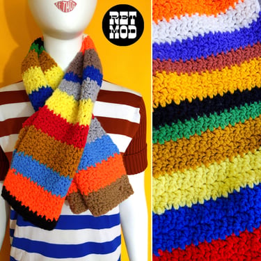 Fun Vintage 70s Colorful Stripe Crochet Winter Scarf 