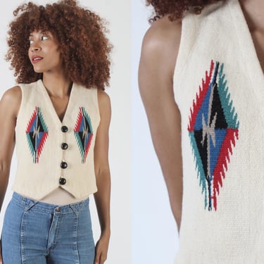 Ortegas Chimayo Vest, Native American Southwestern Hand Woven / Cream Western Cowboy Button Up Size S 