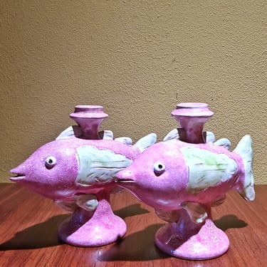 PINK &amp; GREEN MAJOLICA FISH CANDLEHOLDERS BY ND DOLFI FOR NEIMAN MARCUS