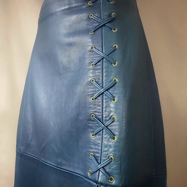 80s leather midi skirt, vintage pencil lace up front slit steel blue 