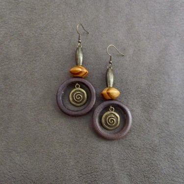 Wooden hoop earrings, natural Afrocentric dangle earrings, earth tone earrings, African earrings, bold statement, unique ethnic earrings 271 
