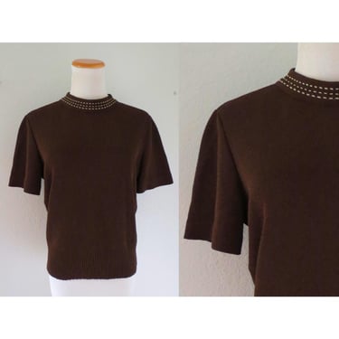 Vintage 60s Mod Blouse - Brown Mock Neck Short Sleeve Top - 1960s Knit Shirt - Size Large 