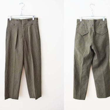 Vintage 70s Olive Green Wool Paperbag Trouser Pants XS S 25 - 1970s Clayman Sons Military High Waist Pleat Front Pants 
