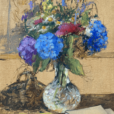 Elizabeth Hutchinson Painting - Summer flowers in cut glass with sketchbooks and gathering basket