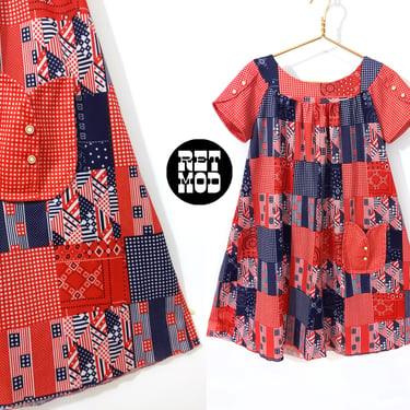 Fun & Comfy Vintage 70s Red White Navy Bandanna Patchwork Patterned Muumuu Dress with Pocket 