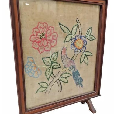 Vintage English Wood Frame Needlepoint Fireplace Screen Under Glass Wooden Fire 