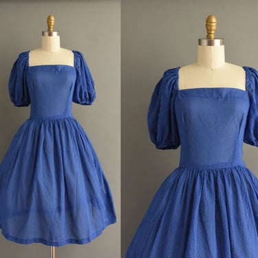 1980s dress | Beautiful Blue Puff Sleeve Swiss Dot Summer Cotton Dress | Large | 80s vintage dress 