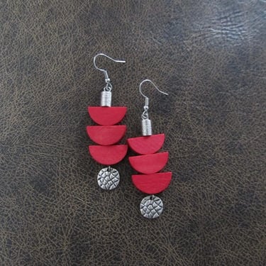 Red wooden earrings, Afrocentric earrings, mid century modern earrings, African earrings, bold statement, unique pagoda earrings 