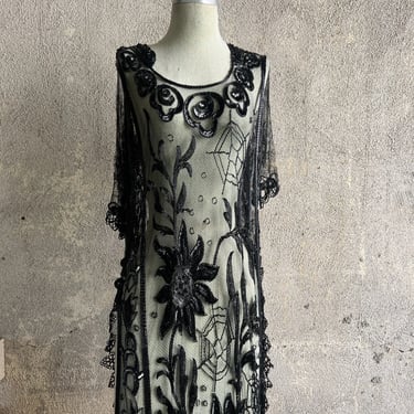 Antique 1920s Black Net Beaded Spiderweb Dress Sequins Lace Flowers Rare Vintage