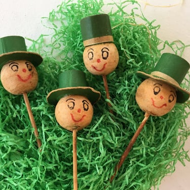 Vintage Leprechaun Cupcake Toppers, Set Of 4 Shabby Spun Cotton Leprechaun Heads, St. Patricks Day, Crafting Supplies, Party Decor 