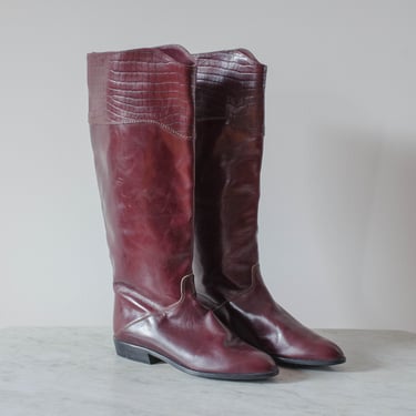 oxblood leather boots | 80s vintage Charles David knee high burgundy cordovan alligator leather flat riding boots size 6 