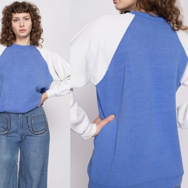 80s Blue & White Raglan Sweatshirt - Men's Large Short, Women's XL | Vintage Two Tone Slouchy Plain Crewneck Pullover 