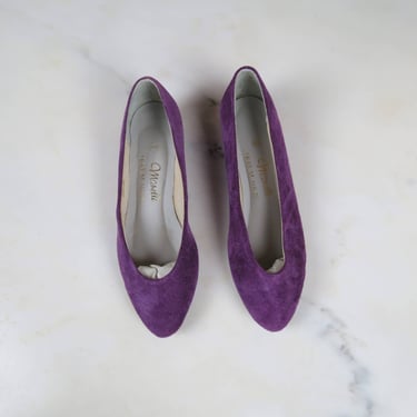 Vintage 1980s purple suede wedge flats, balletcore, barbiecore, size 8 