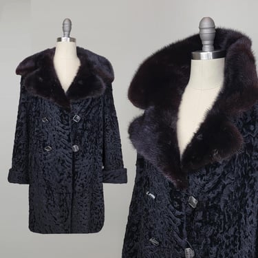 Black Fur Coat / 60s Elder Beerman Lamb & Mink Fur Coat / Double-Breasted Persian Lamb Coat / 1960s Fur Jacket / Size Medium Large 