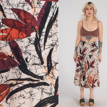 80s Midi Skirt Retro Floral Summer Skirt Button Up Abstract Marbled Leaf Print Bohemian Hippie High Waisted Beige Vintage 1980s Small Medium 