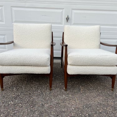 Pair Mid Century Modern Wood Frame Boucle Lounge Chairs 