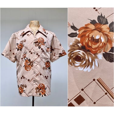 Vintage 1970s Beige Floral Geometric Disco Shirt, Short Sleeve Polyester Hipster Shirt, X Large 48