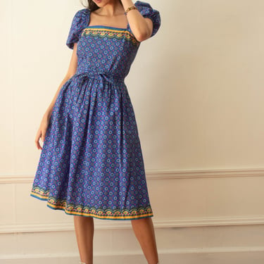 1970s Does 1950s Provencal Printed Cotton Garden Party Dress 