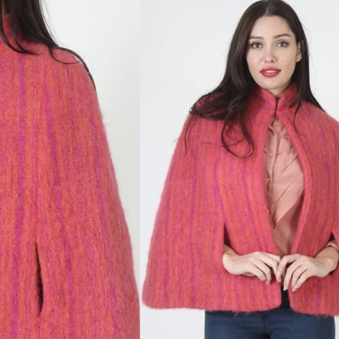 Bright Fuzzy Wool Swing Cape, Vintage 60s Striped Sweater, Colorful Hot Pink Mod Jacket 